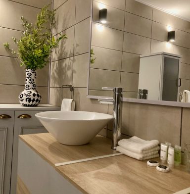 Moderne badkamer met een wastafel, handdoeken en een vaas met groene takken.